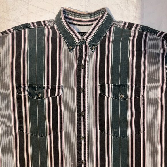 Vintage 90s Frontier Series Green Striped Western Shirt XL Long Sleeve Button Up - Picture 2 of 6